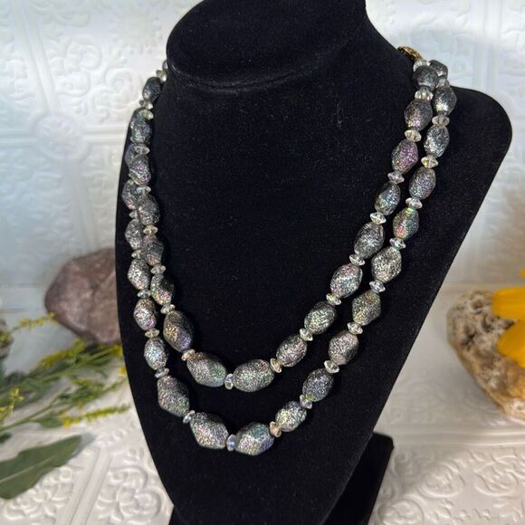 Vintage Czech Black Iridescent Textured Glass Bead Necklace Double Strand 18.5” - Picture 1 of 16